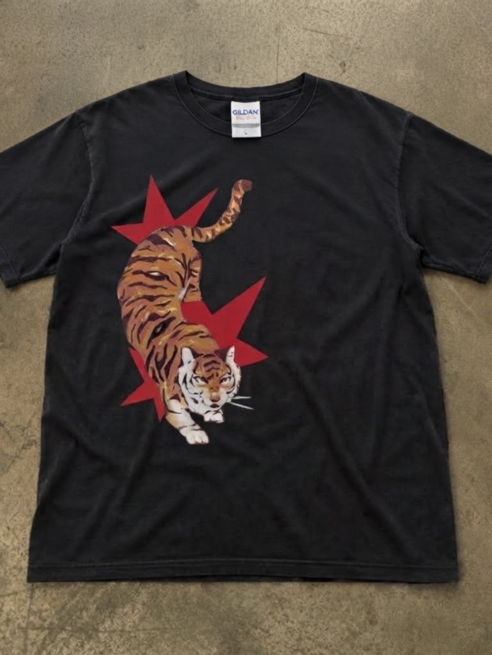 Gildan Black Tee with Orange Tiger and Red Star Graphic